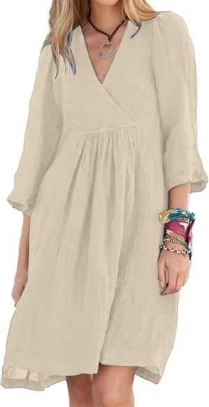 Womens Summer Spring Dresses Casual Cotton Linen V-Neck 3/4 Sleeve Ruffled Flowy Swing Mini Dress Vacation Outfit