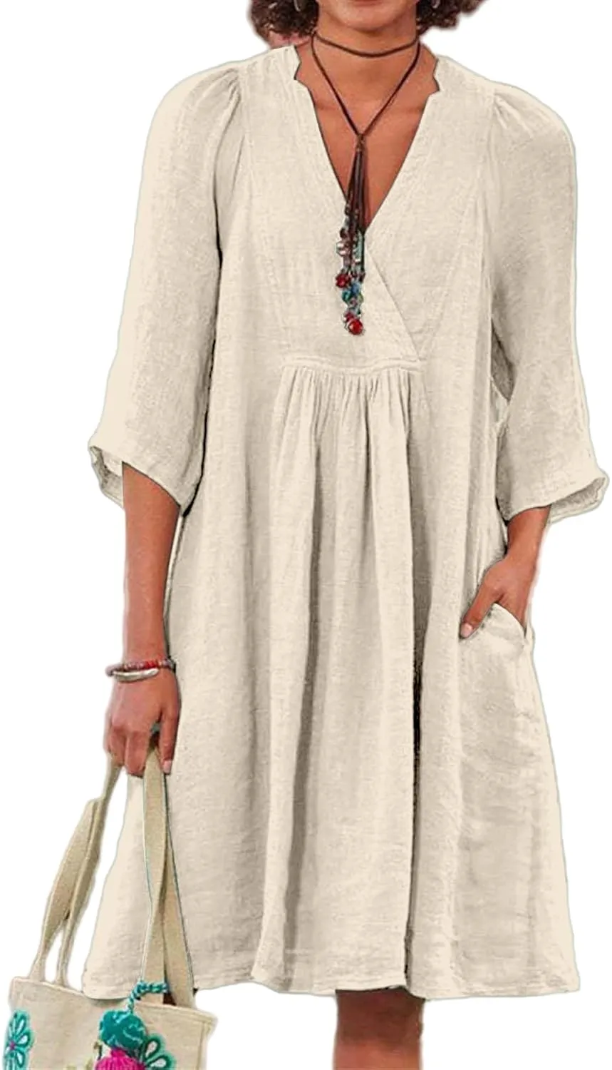 Womens Summer Spring Dresses Casual Cotton Linen V-Neck 3/4 Sleeve Ruffled Flowy Swing Mini Dress Vacation Outfit