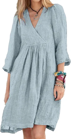 Womens Summer Spring Dresses Casual Cotton Linen V-Neck 3/4 Sleeve Ruffled Flowy Swing Mini Dress Vacation Outfit