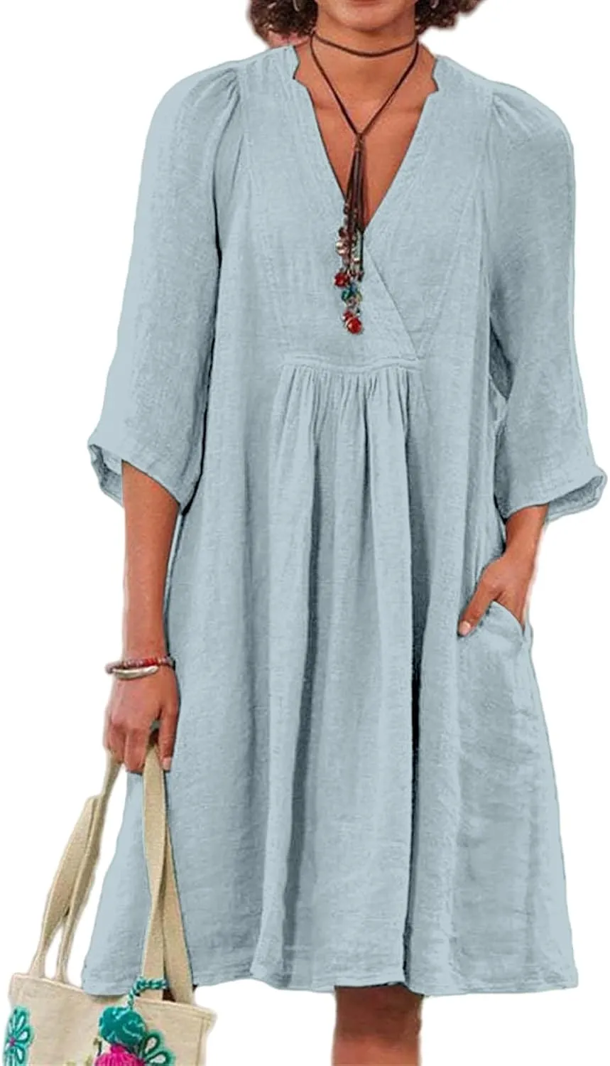 Womens Summer Spring Dresses Casual Cotton Linen V-Neck 3/4 Sleeve Ruffled Flowy Swing Mini Dress Vacation Outfit