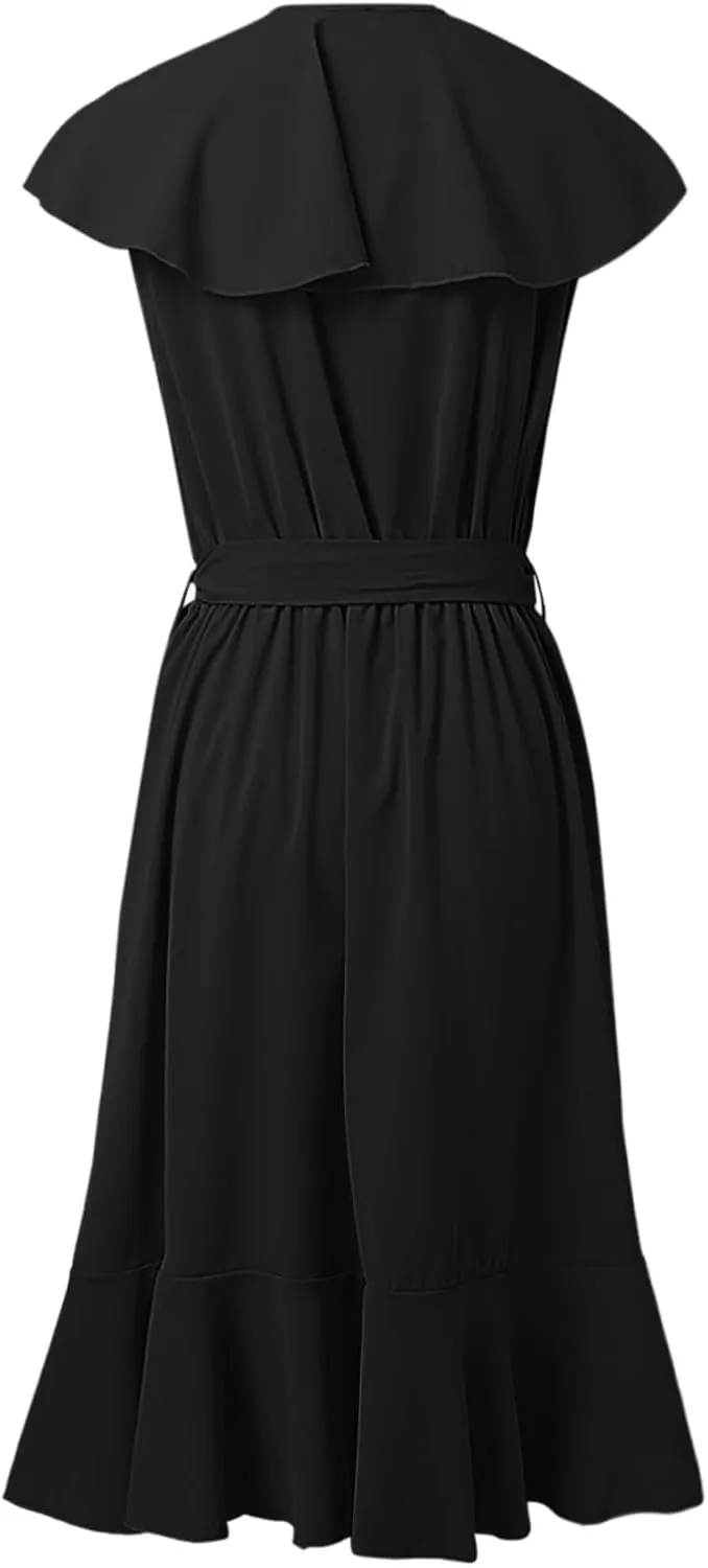 Womens Summer Wrap V Neck Split Party Dress Ruffle Short Sleeve Irregular Midi Dress with Belt