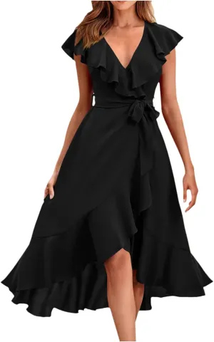 Womens Summer Wrap V Neck Split Party Dress Ruffle Short Sleeve Irregular Midi Dress with Belt