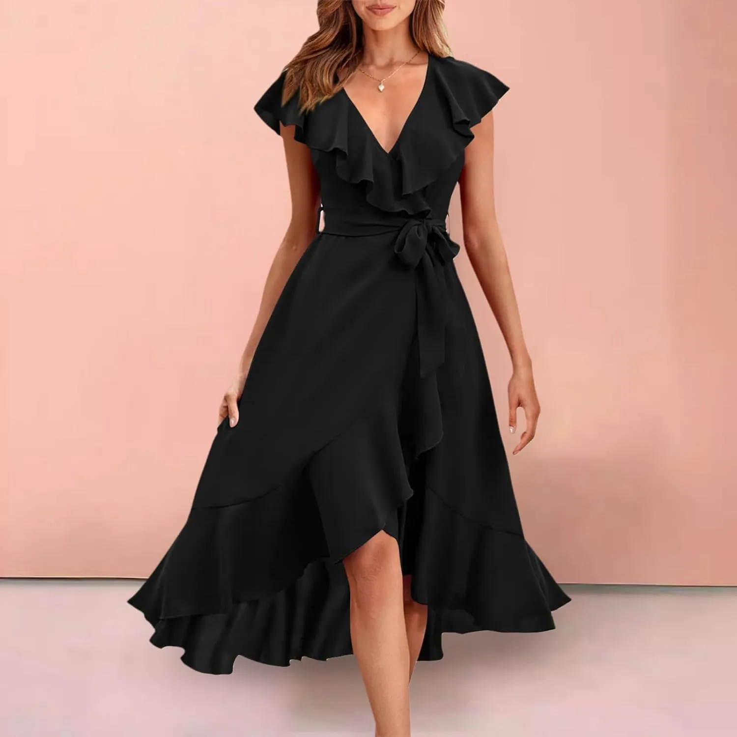 Womens Summer Wrap V Neck Split Party Dress Ruffle Short Sleeve Irregular Midi Dress with Belt