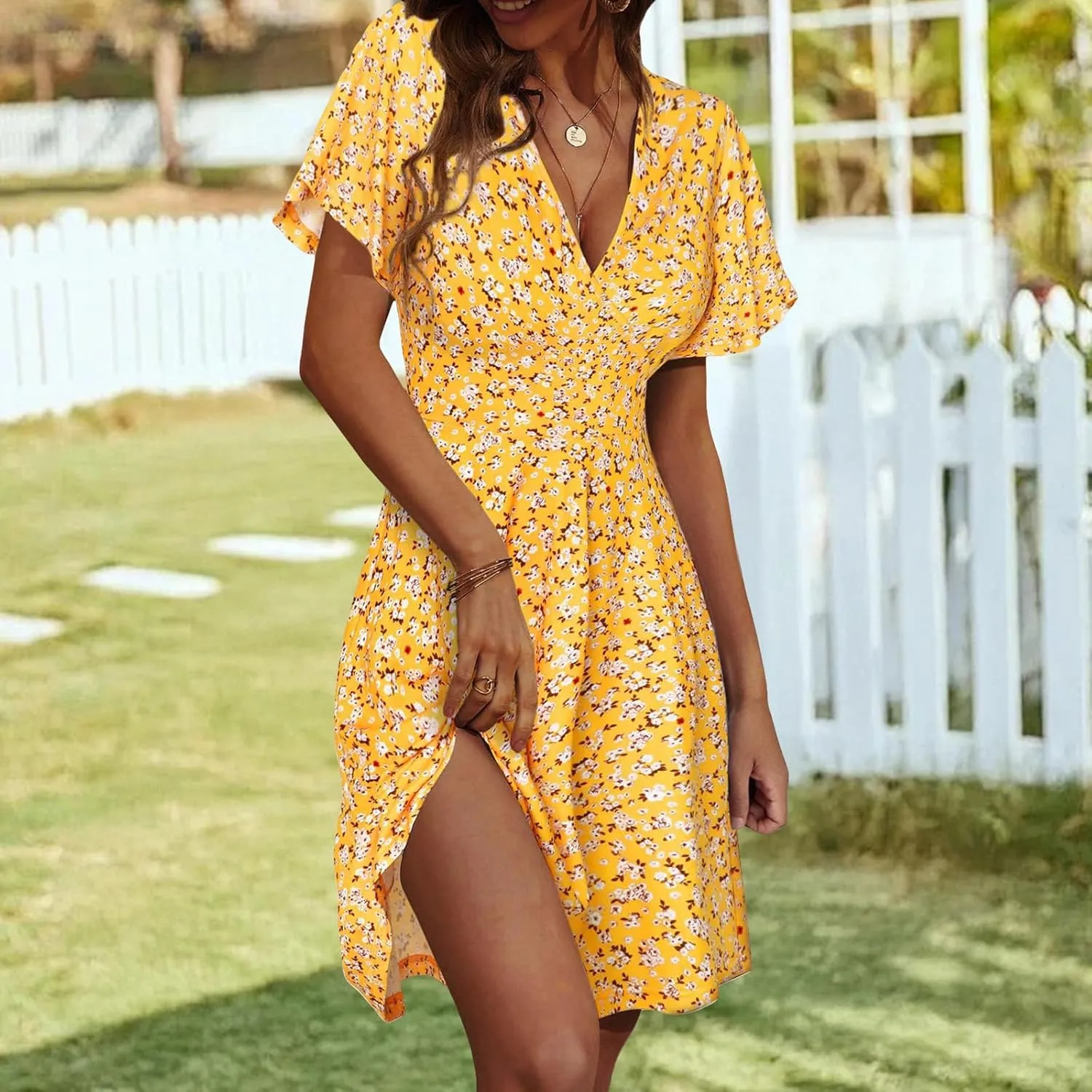 Womens Sundress Summer Floral Short Sleeve Dress Wrap V Neck A-Line Midi Dress Casual Vacation Dresses