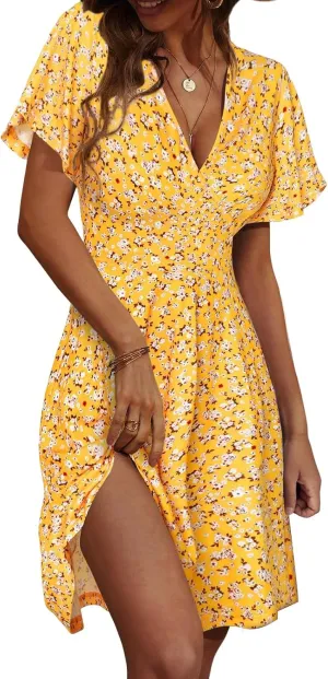Womens Sundress Summer Floral Short Sleeve Dress Wrap V Neck A-Line Midi Dress Casual Vacation Dresses