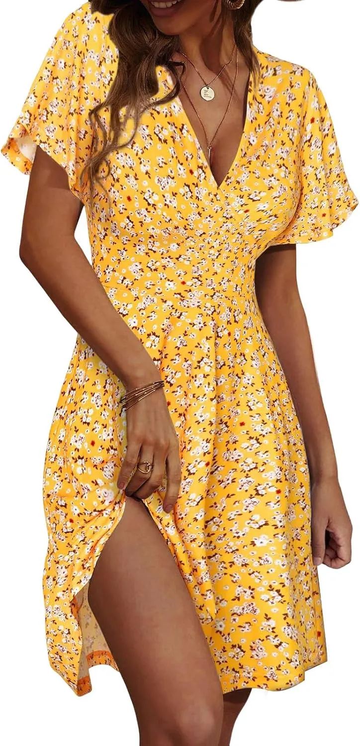Womens Sundress Summer Floral Short Sleeve Dress Wrap V Neck A-Line Midi Dress Casual Vacation Dresses