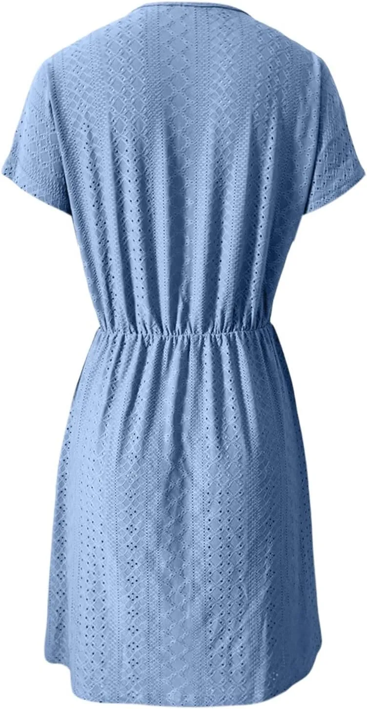 Women's Swimsuit Cover Ups V-Neck Drawstring Slit Eyelet Embroidery Bikini Beachwear Flowy Short Sleeve Women