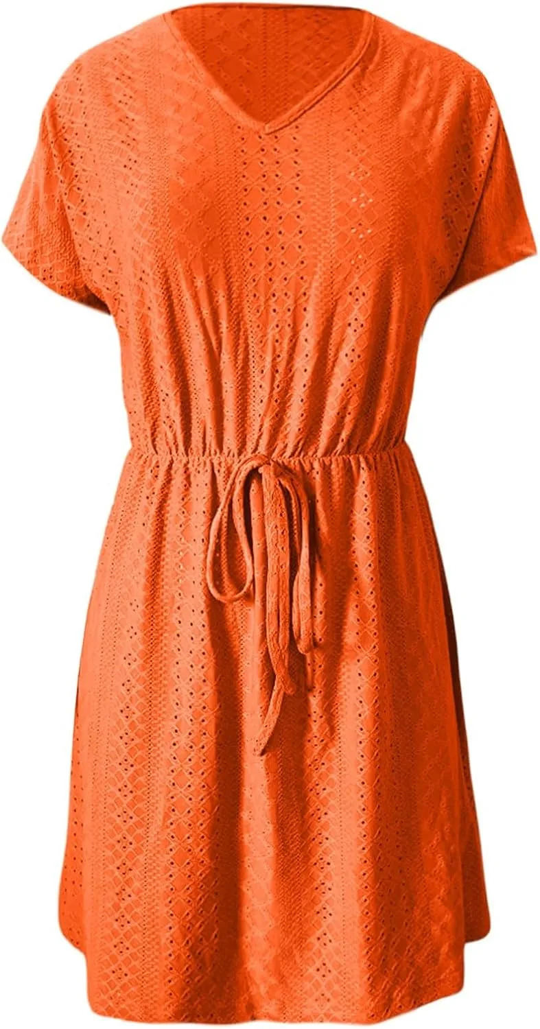Women's Swimsuit Cover Ups V-Neck Drawstring Slit Eyelet Embroidery Bikini Beachwear Flowy Short Sleeve Women