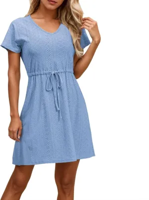 Women's Swimsuit Cover Ups V-Neck Drawstring Slit Eyelet Embroidery Bikini Beachwear Flowy Short Sleeve Women