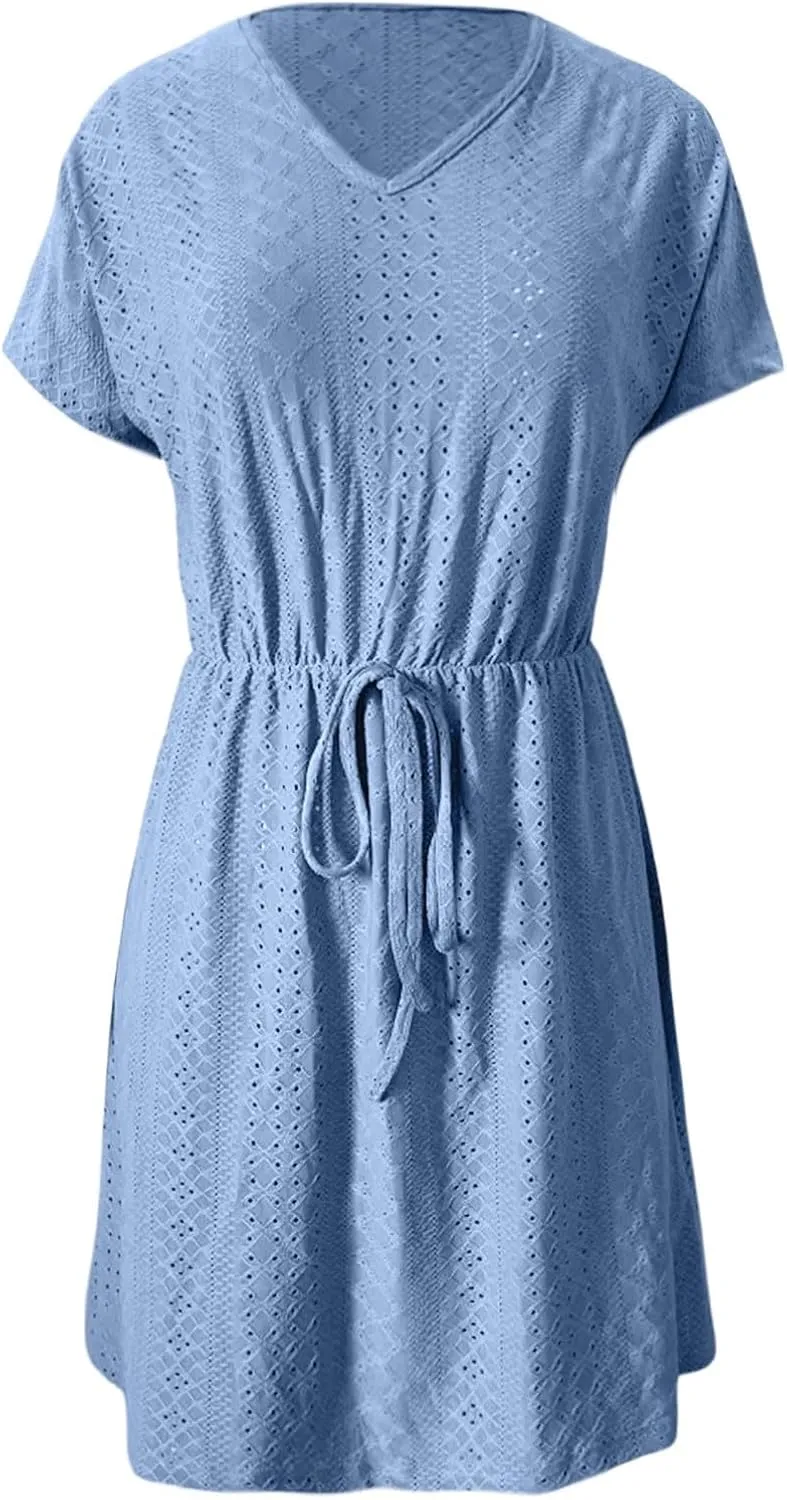 Women's Swimsuit Cover Ups V-Neck Drawstring Slit Eyelet Embroidery Bikini Beachwear Flowy Short Sleeve Women