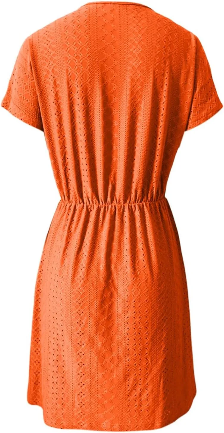 Women's Swimsuit Cover Ups V-Neck Drawstring Slit Eyelet Embroidery Bikini Beachwear Flowy Short Sleeve Women