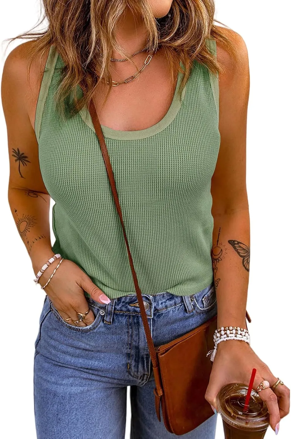 Womens Tank Tops Comfortable Soft Waffle T Shirt Fashion Casual Sleeveless Scoop Neck Tees Loose Fit Yoga Workout Shirt