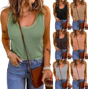 Womens Tank Tops Comfortable Soft Waffle T Shirt Fashion Casual Sleeveless Scoop Neck Tees Loose Fit Yoga Workout Shirt