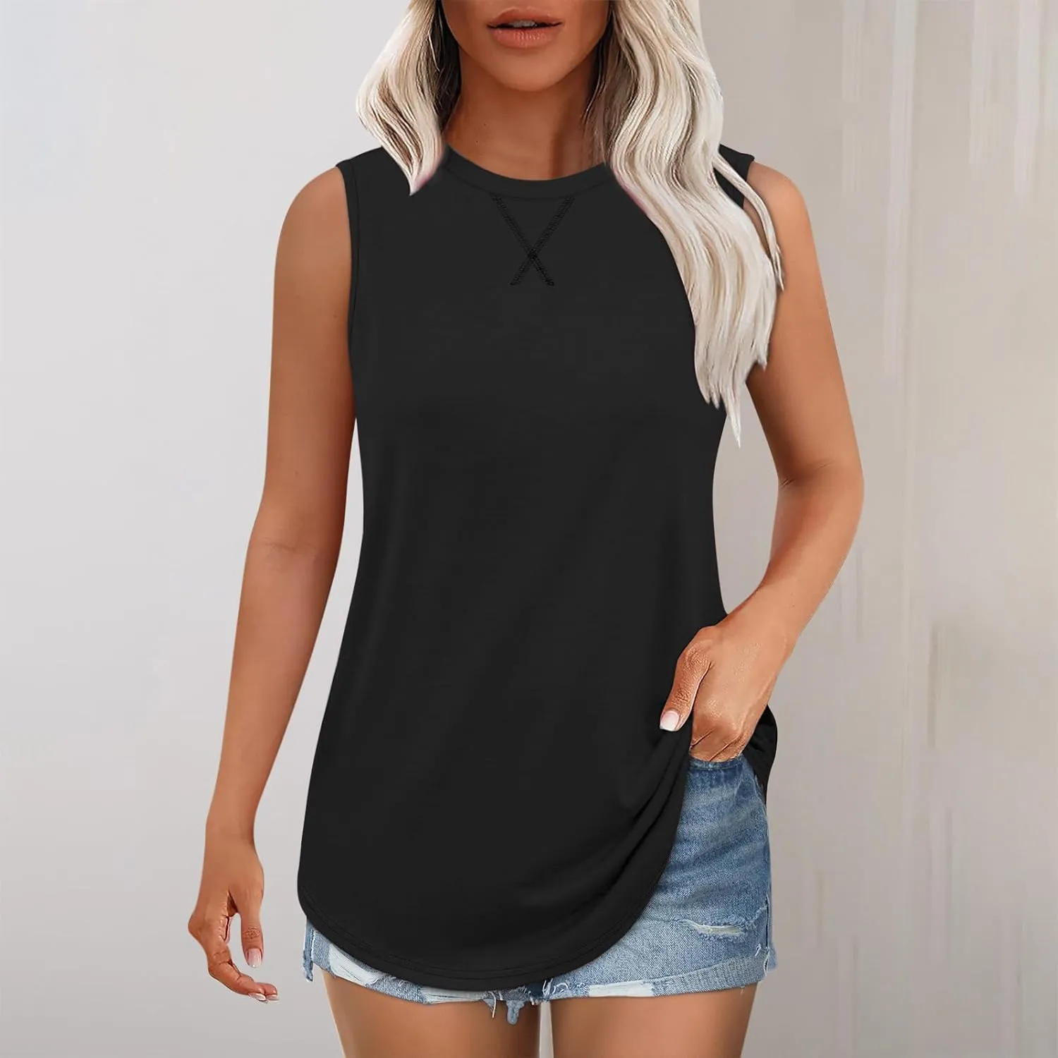 Womens Tank Tops Workout Sleeveless Crew Neck Tunic Top Solid Color Business Comfy Summer Vacation Trendy Camisole