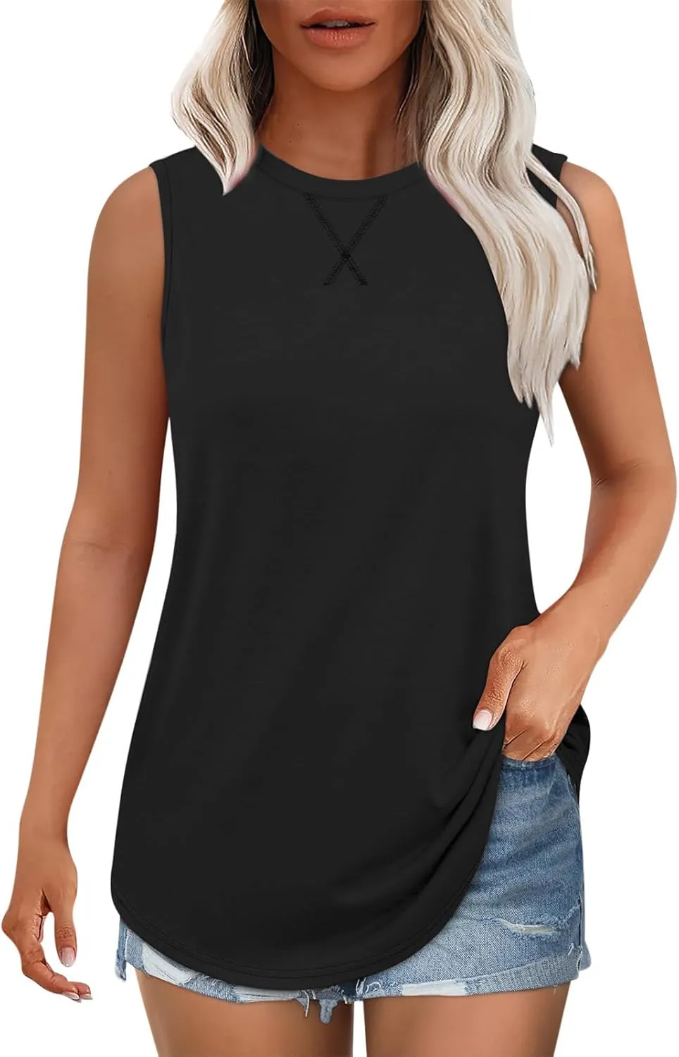 Womens Tank Tops Workout Sleeveless Crew Neck Tunic Top Solid Color Business Comfy Summer Vacation Trendy Camisole