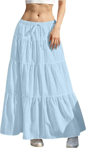 Women's Tiered Maxi Skirts Elastic Waist Casual Summer Skirt Long A Line Flowy Skirts for Beach Vacation Boho Skirts