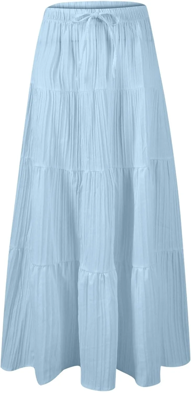 Women's Tiered Maxi Skirts Elastic Waist Casual Summer Skirt Long A Line Flowy Skirts for Beach Vacation Boho Skirts