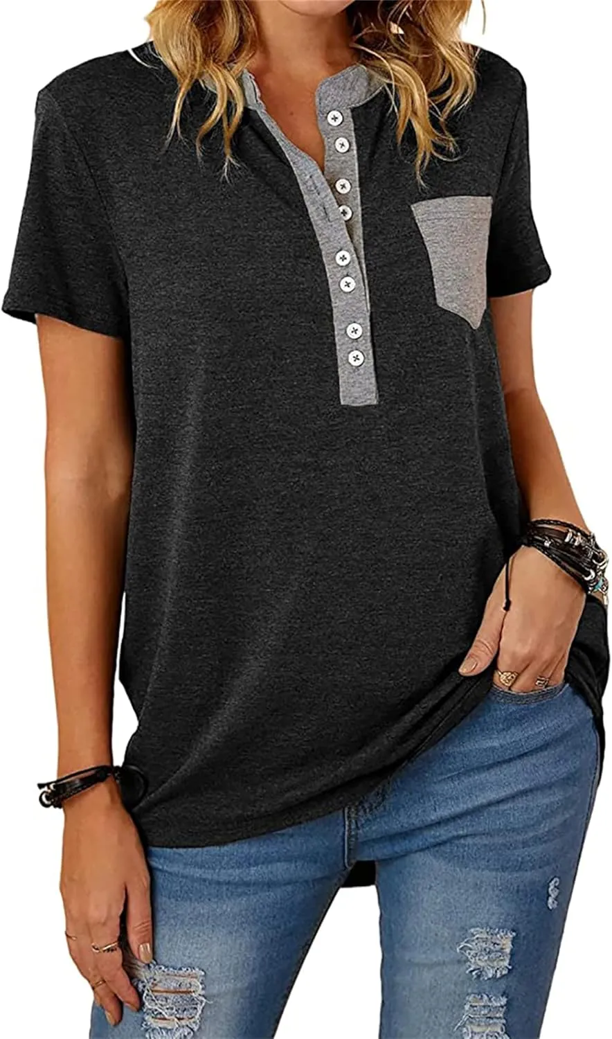 Womens Tshirts Fashion V Neck Buttons Down Tops Short Sleeve Casual Tees Shirts Summer Loose Fit Tops Blouses for Work