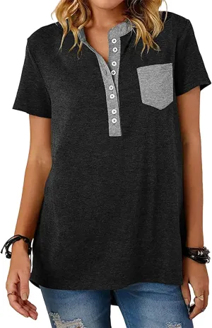 Womens Tshirts Fashion V Neck Buttons Down Tops Short Sleeve Casual Tees Shirts Summer Loose Fit Tops Blouses for Work