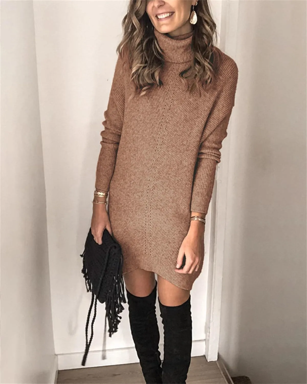Womens Turtleneck Long Sleeve Pullover Sweater Dress Fall Winter Long Tunic Ribbed Knit Sweaters Warm Knitting Tops