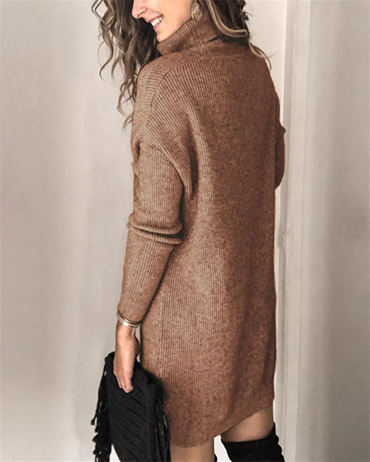 Womens Turtleneck Long Sleeve Pullover Sweater Dress Fall Winter Long Tunic Ribbed Knit Sweaters Warm Knitting Tops