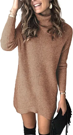 Womens Turtleneck Long Sleeve Pullover Sweater Dress Fall Winter Long Tunic Ribbed Knit Sweaters Warm Knitting Tops