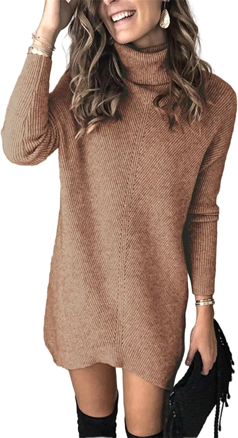 Womens Turtleneck Long Sleeve Pullover Sweater Dress Fall Winter Long Tunic Ribbed Knit Sweaters Warm Knitting Tops