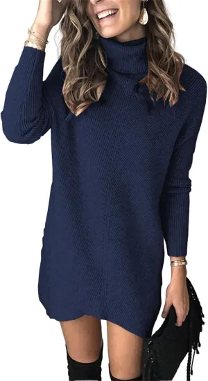 Womens Turtleneck Long Sleeve Pullover Sweater Dress Fall Winter Long Tunic Ribbed Knit Sweaters Warm Knitting Tops