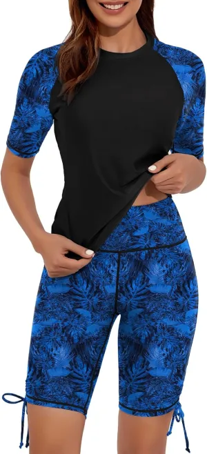 Women's Two Piece Rash Guard Swimsuits Short Sleeve Swim Shirts UPF 50  Built in Bra Bathing Suit with Boyshorts