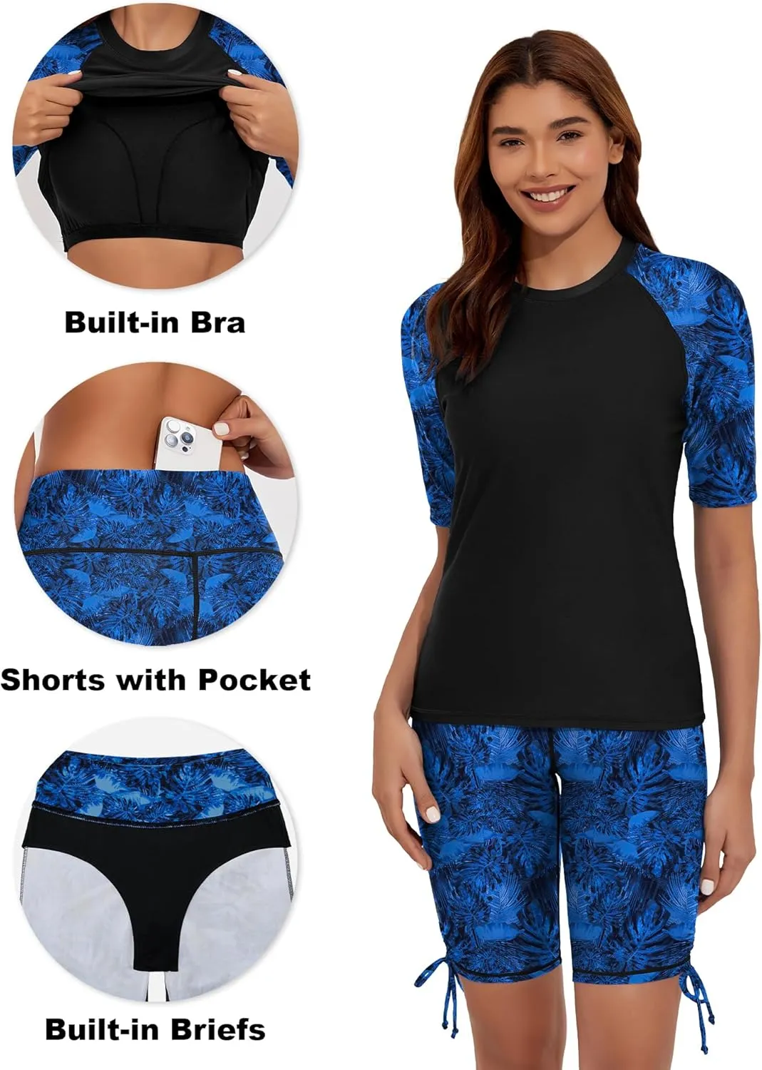 Women's Two Piece Rash Guard Swimsuits Short Sleeve Swim Shirts UPF 50  Built in Bra Bathing Suit with Boyshorts