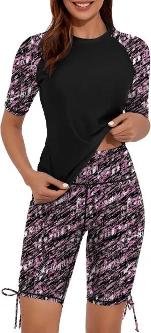 Women's Two Piece Rash Guard Swimsuits Short Sleeve Swim Shirts UPF 50  Built in Bra Bathing Suit with Boyshorts