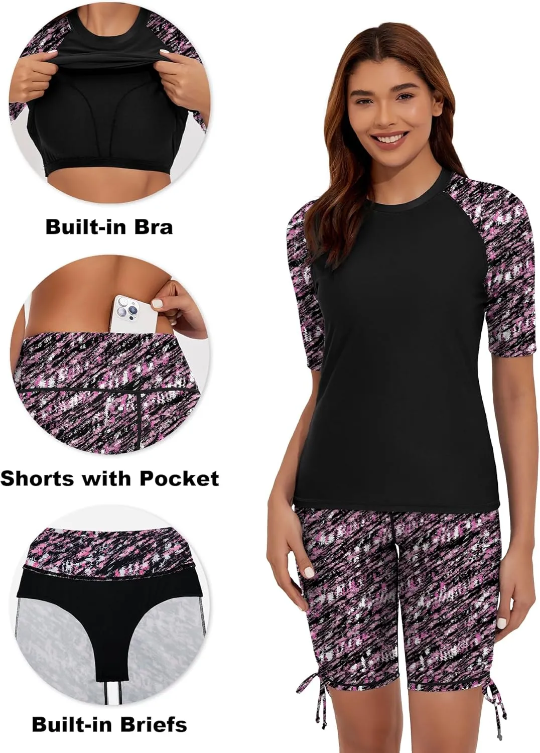 Women's Two Piece Rash Guard Swimsuits Short Sleeve Swim Shirts UPF 50  Built in Bra Bathing Suit with Boyshorts