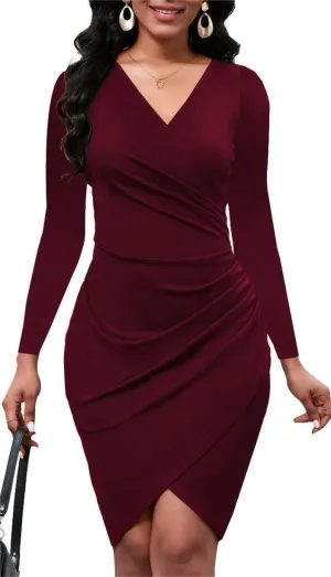 Women's Wedding Guest Dress Bodycon Midi Work Party Cocktail Long Sleeve Sexy V Neck Wrap Ruched Sheath Dresses 2024 Burgundy Small