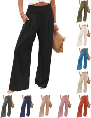 Womens Wide Leg Pants Linen Palazzo Pant Tummy Control Elastic High Waisted Lounge Pants Beach Trousers with Pocket