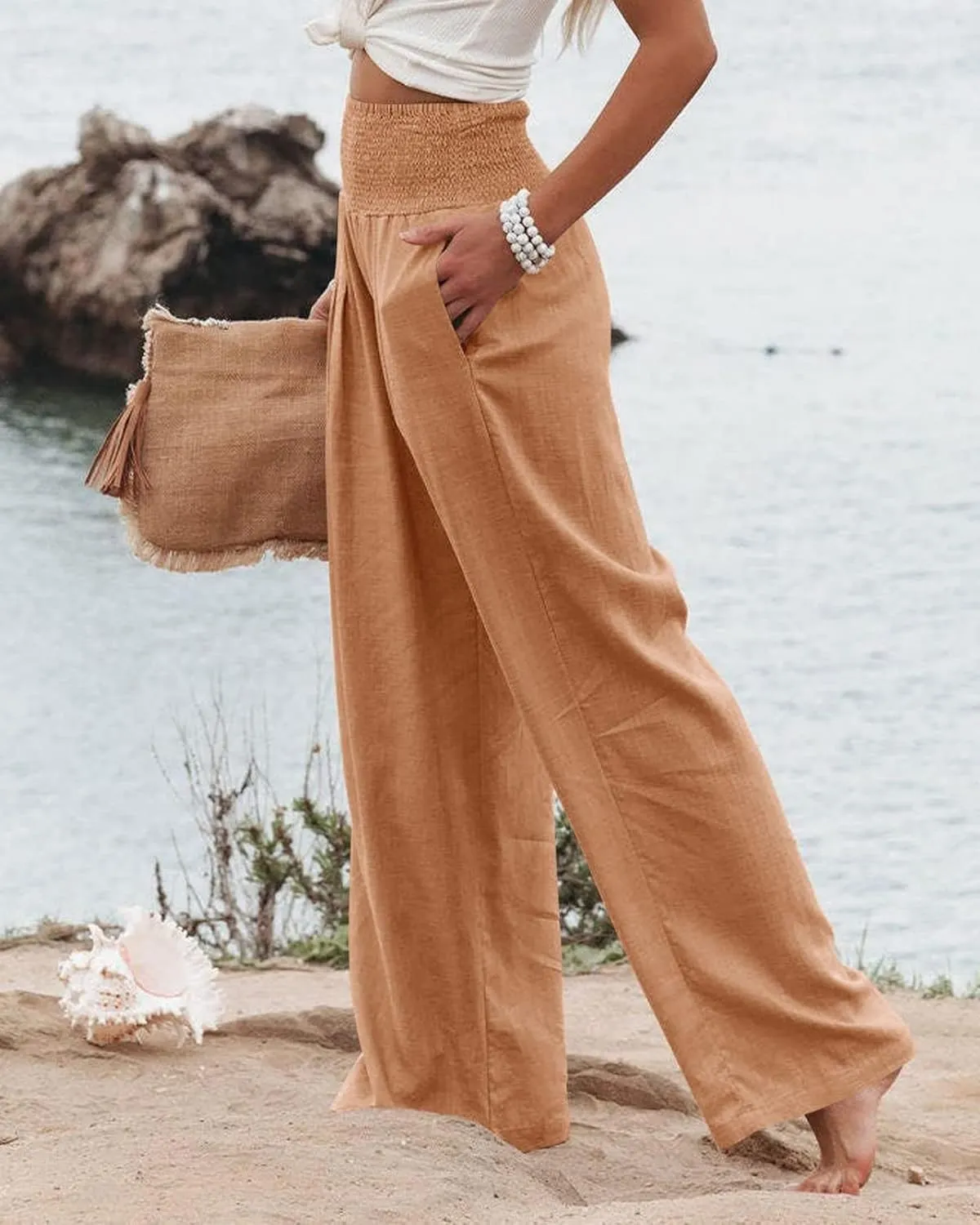 Womens Wide Leg Pants Linen Palazzo Pant Tummy Control Elastic High Waisted Lounge Pants Beach Trousers with Pocket