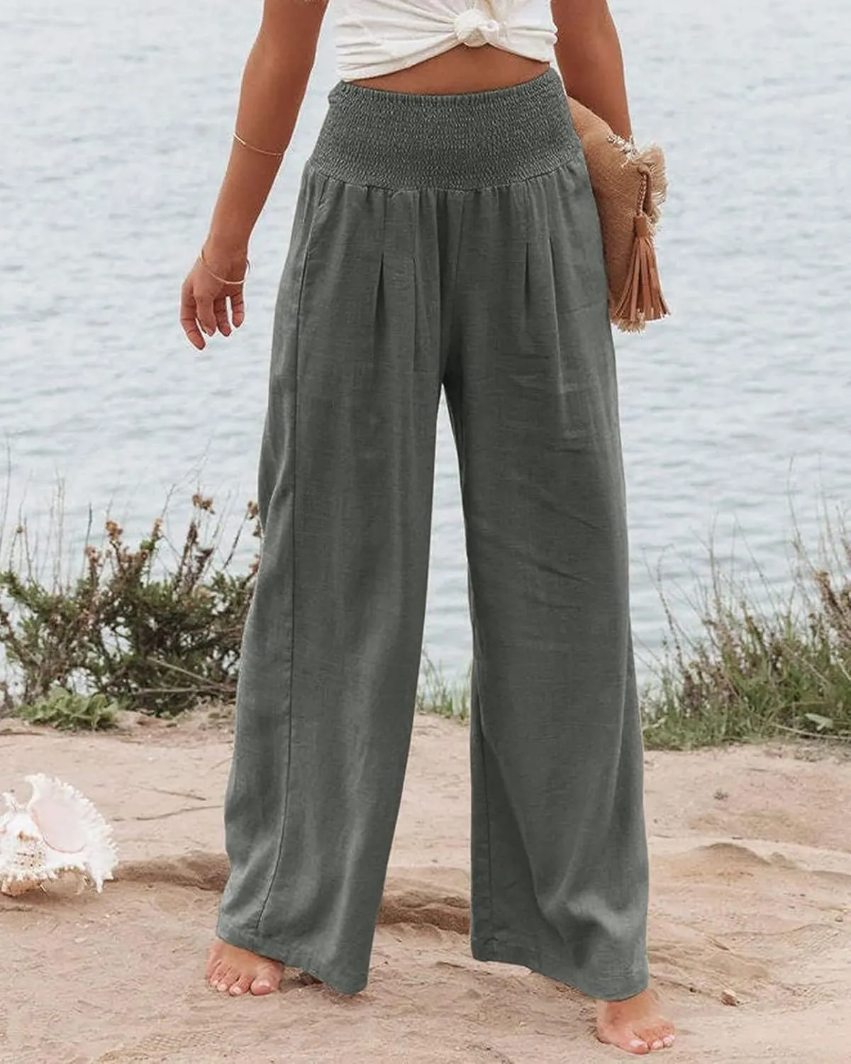 Womens Wide Leg Pants Linen Palazzo Pant Tummy Control Elastic High Waisted Lounge Pants Beach Trousers with Pocket