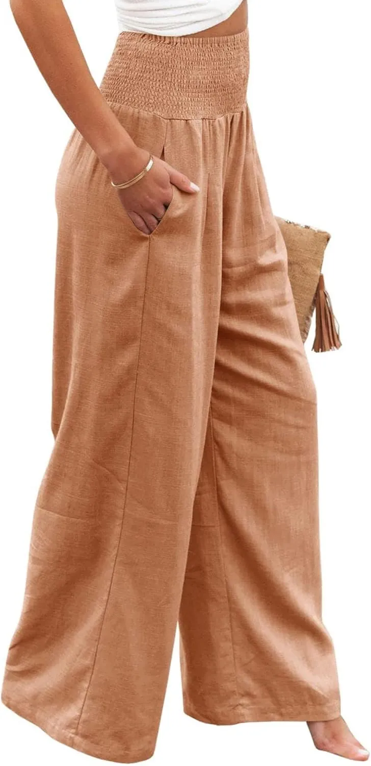 Womens Wide Leg Pants Linen Palazzo Pant Tummy Control Elastic High Waisted Lounge Pants Beach Trousers with Pocket