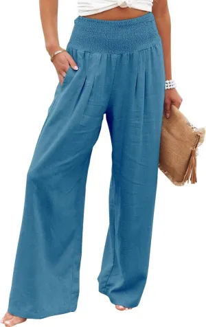 Womens Wide Leg Pants Linen Palazzo Pant Tummy Control Elastic High Waisted Lounge Pants Beach Trousers with Pocket