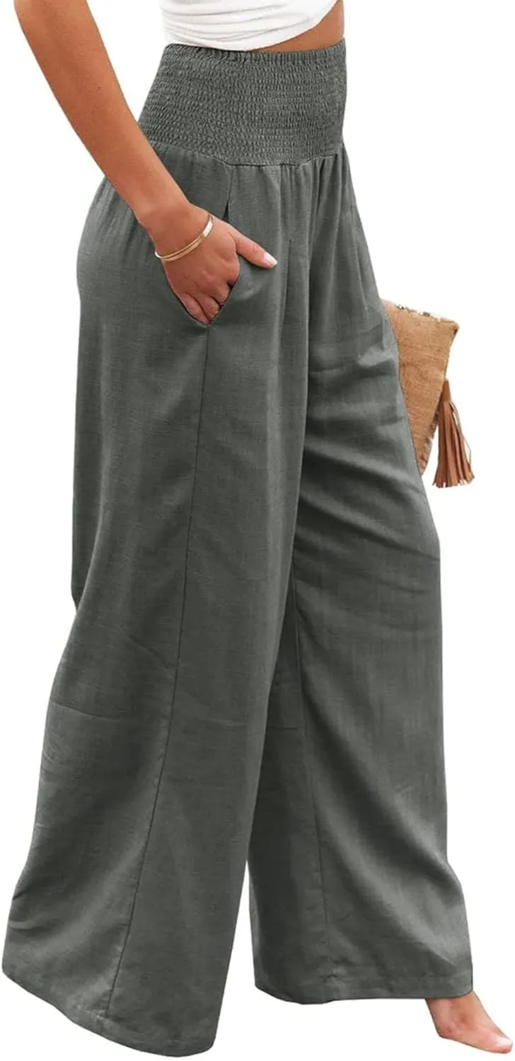 Womens Wide Leg Pants Linen Palazzo Pant Tummy Control Elastic High Waisted Lounge Pants Beach Trousers with Pocket