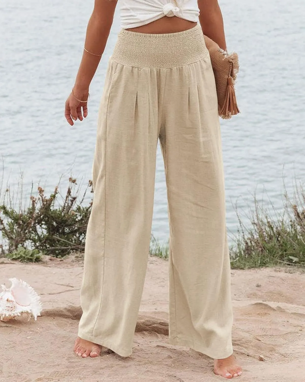Womens Wide Leg Pants Linen Palazzo Pant Tummy Control Elastic High Waisted Lounge Pants Beach Trousers with Pocket