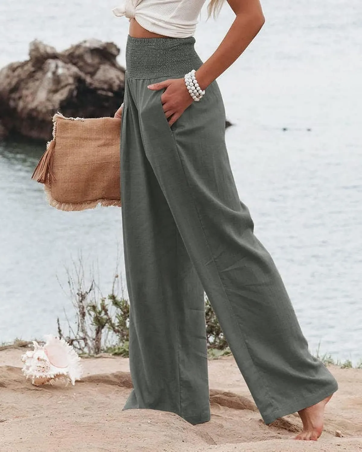 Womens Wide Leg Pants Linen Palazzo Pant Tummy Control Elastic High Waisted Lounge Pants Beach Trousers with Pocket