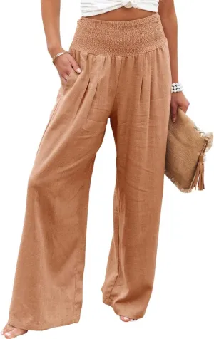 Womens Wide Leg Pants Linen Palazzo Pant Tummy Control Elastic High Waisted Lounge Pants Beach Trousers with Pocket
