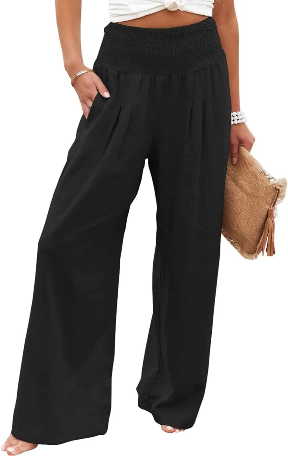 Womens Wide Leg Pants Linen Palazzo Pant Tummy Control Elastic High Waisted Lounge Pants Beach Trousers with Pocket