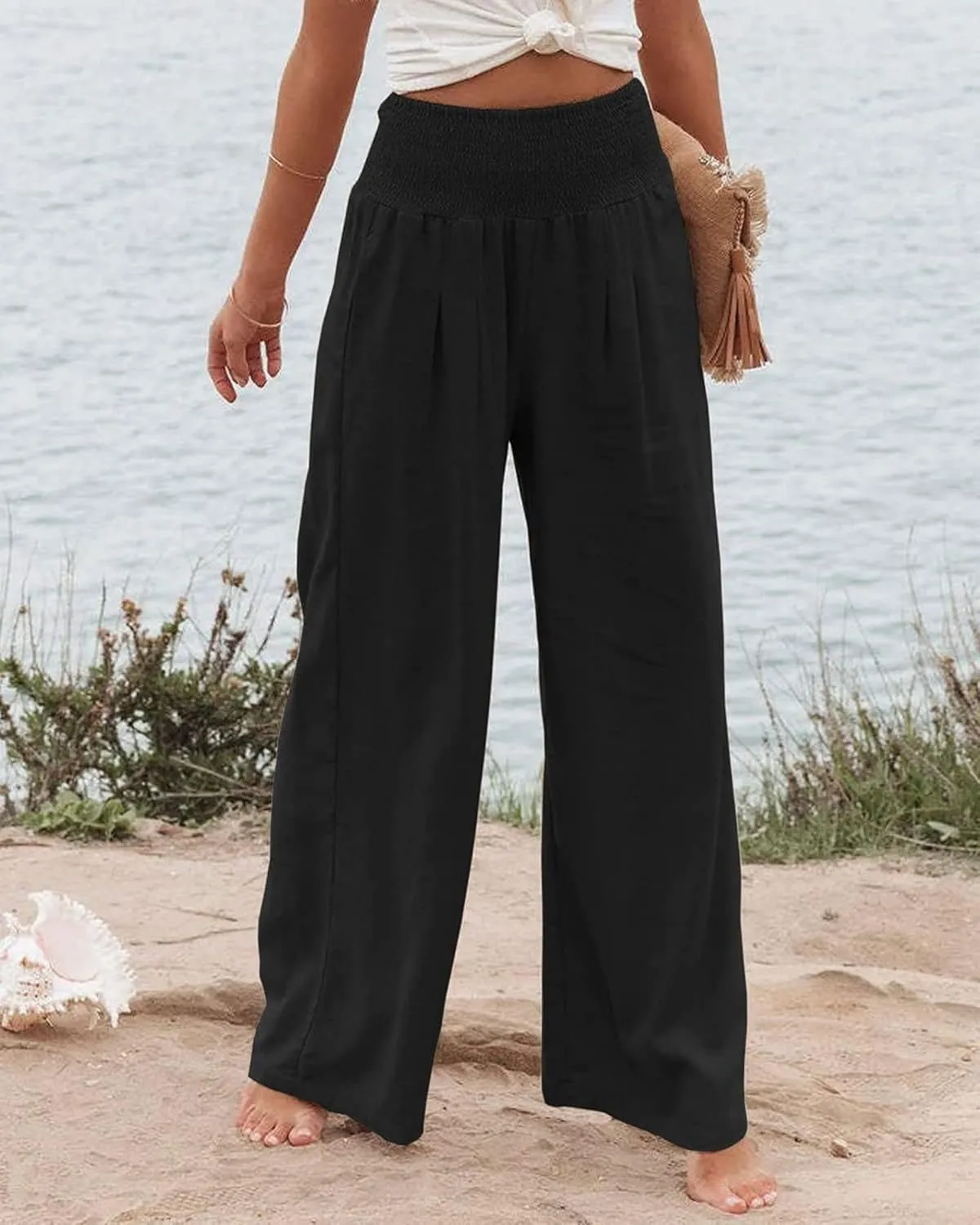 Womens Wide Leg Pants Linen Palazzo Pant Tummy Control Elastic High Waisted Lounge Pants Beach Trousers with Pocket