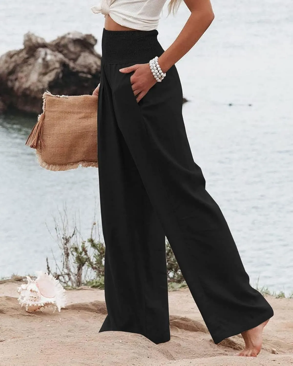 Womens Wide Leg Pants Linen Palazzo Pant Tummy Control Elastic High Waisted Lounge Pants Beach Trousers with Pocket