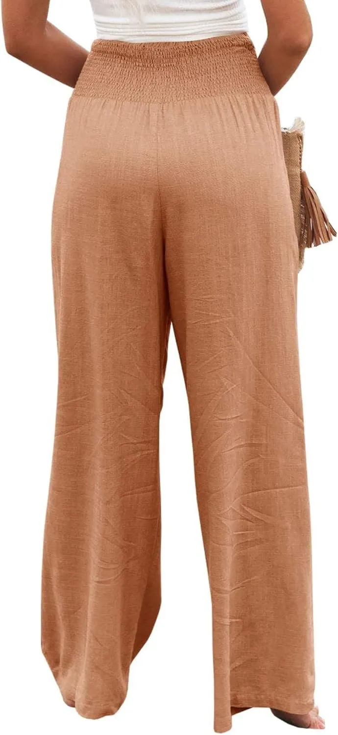 Womens Wide Leg Pants Linen Palazzo Pant Tummy Control Elastic High Waisted Lounge Pants Beach Trousers with Pocket