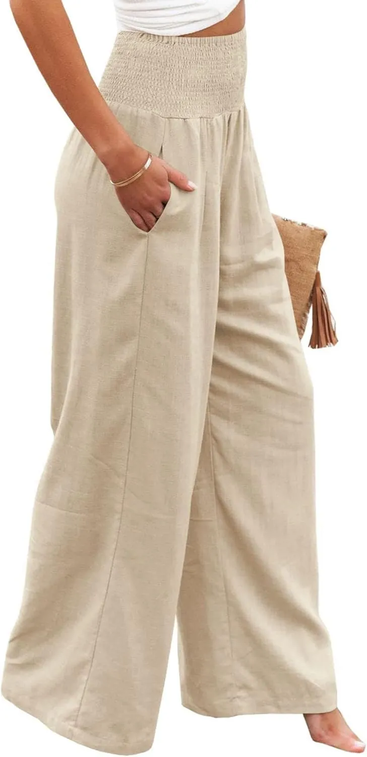 Womens Wide Leg Pants Linen Palazzo Pant Tummy Control Elastic High Waisted Lounge Pants Beach Trousers with Pocket