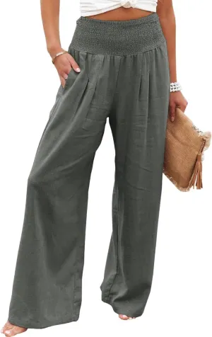 Womens Wide Leg Pants Linen Palazzo Pant Tummy Control Elastic High Waisted Lounge Pants Beach Trousers with Pocket