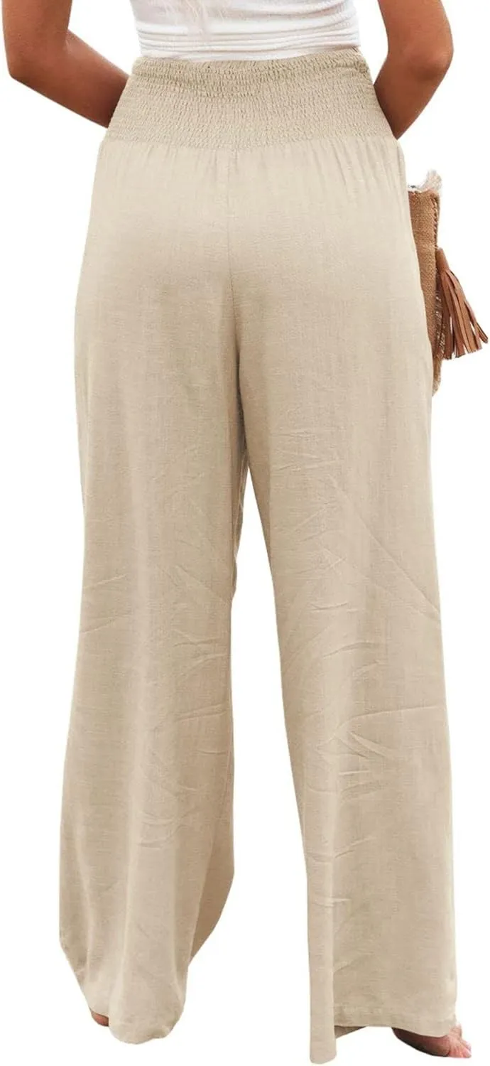 Womens Wide Leg Pants Linen Palazzo Pant Tummy Control Elastic High Waisted Lounge Pants Beach Trousers with Pocket