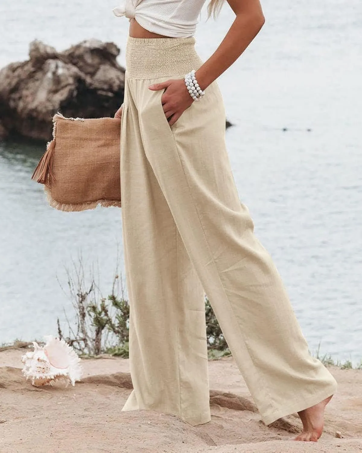 Womens Wide Leg Pants Linen Palazzo Pant Tummy Control Elastic High Waisted Lounge Pants Beach Trousers with Pocket